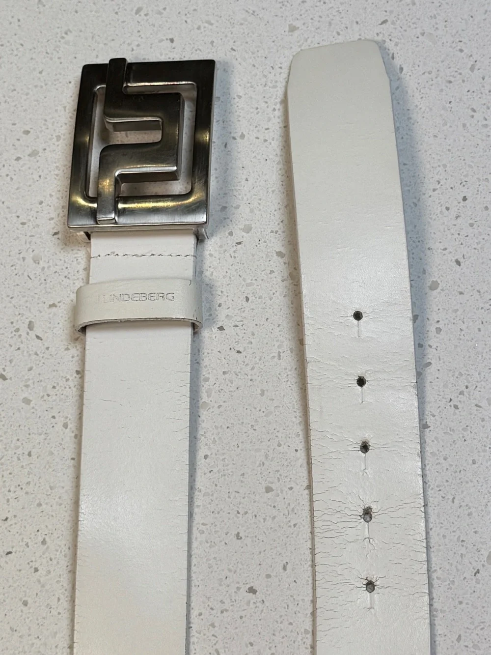 Vintage J Lindeberg Wide White Leather Golf Belt Oversized Logo Buckle Sweden 34